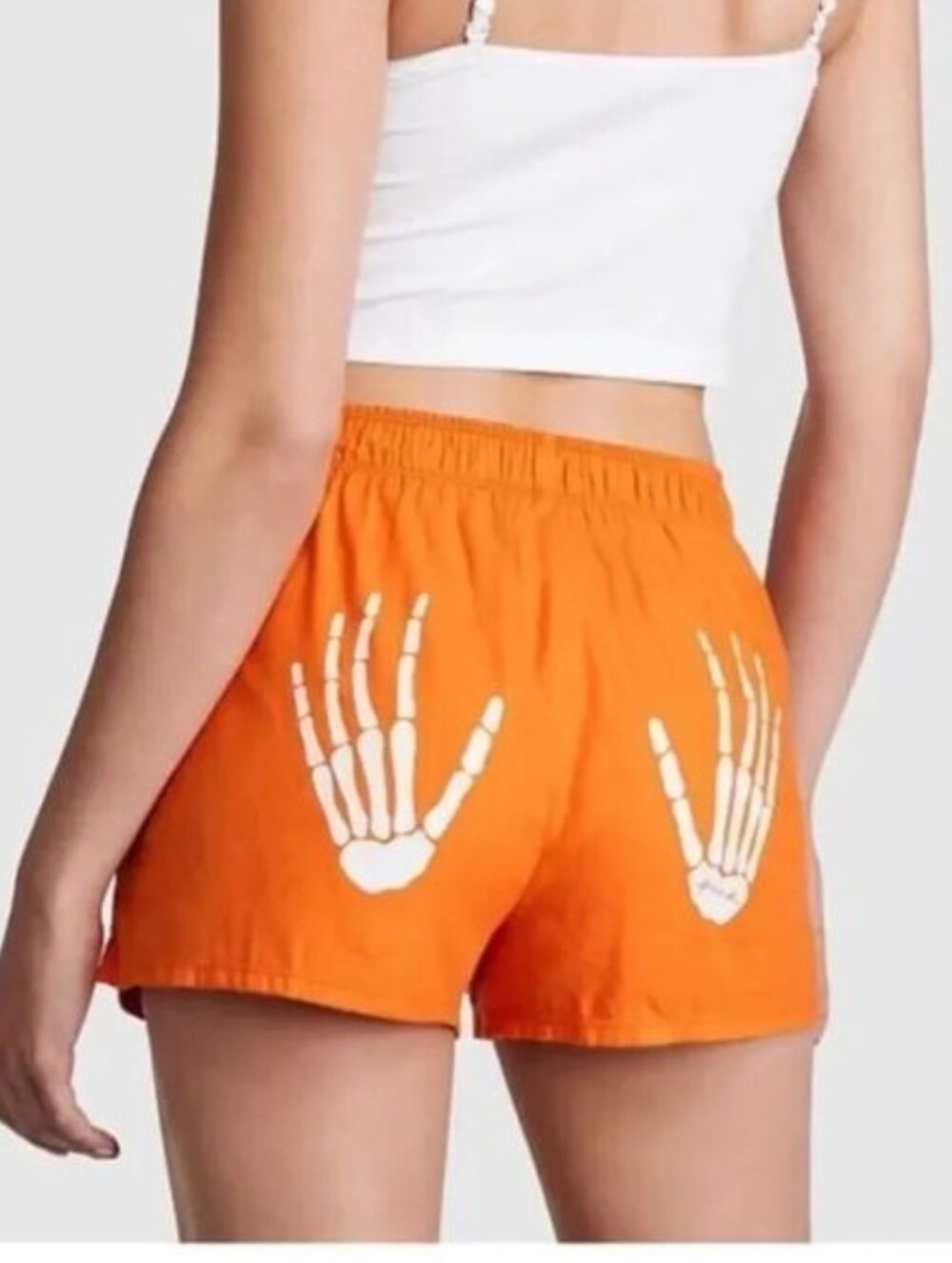 PINK Victoria's Secret Orange Cotton Shorts with White Skeleton Hand Print